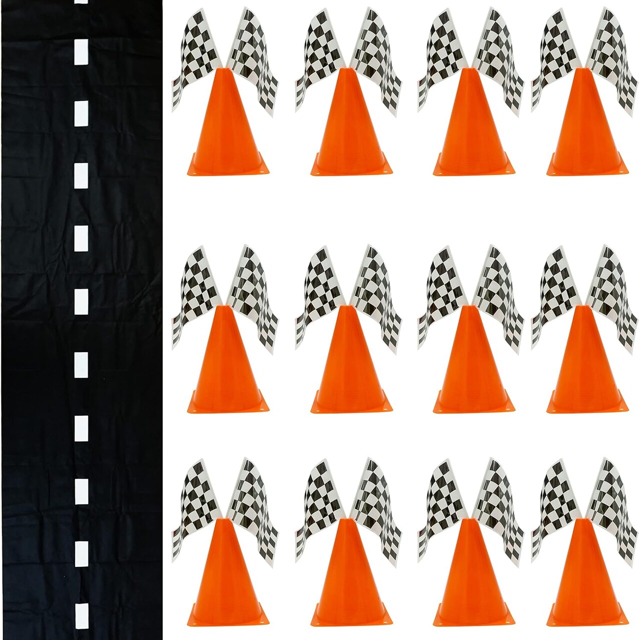 4E's Novelty Race Car Birthday Party Supplies - 38 Pc Set with Race Track Runner, 12 Traffic Cones, 24 Race Flags, Tape